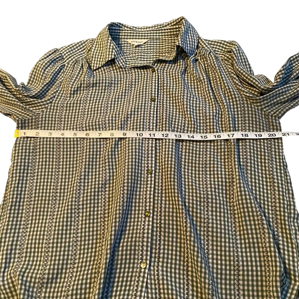 MAX STUDIO Womens Green Gingham Button Down Shirt Long Sleeve Ruffle Cuff Size M - Picture 7 of 8